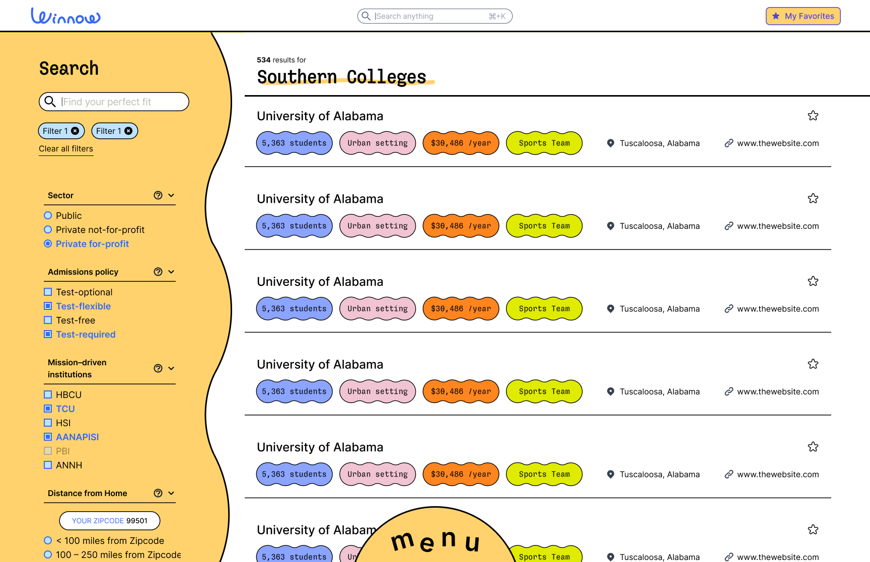 winnow search page screenshot